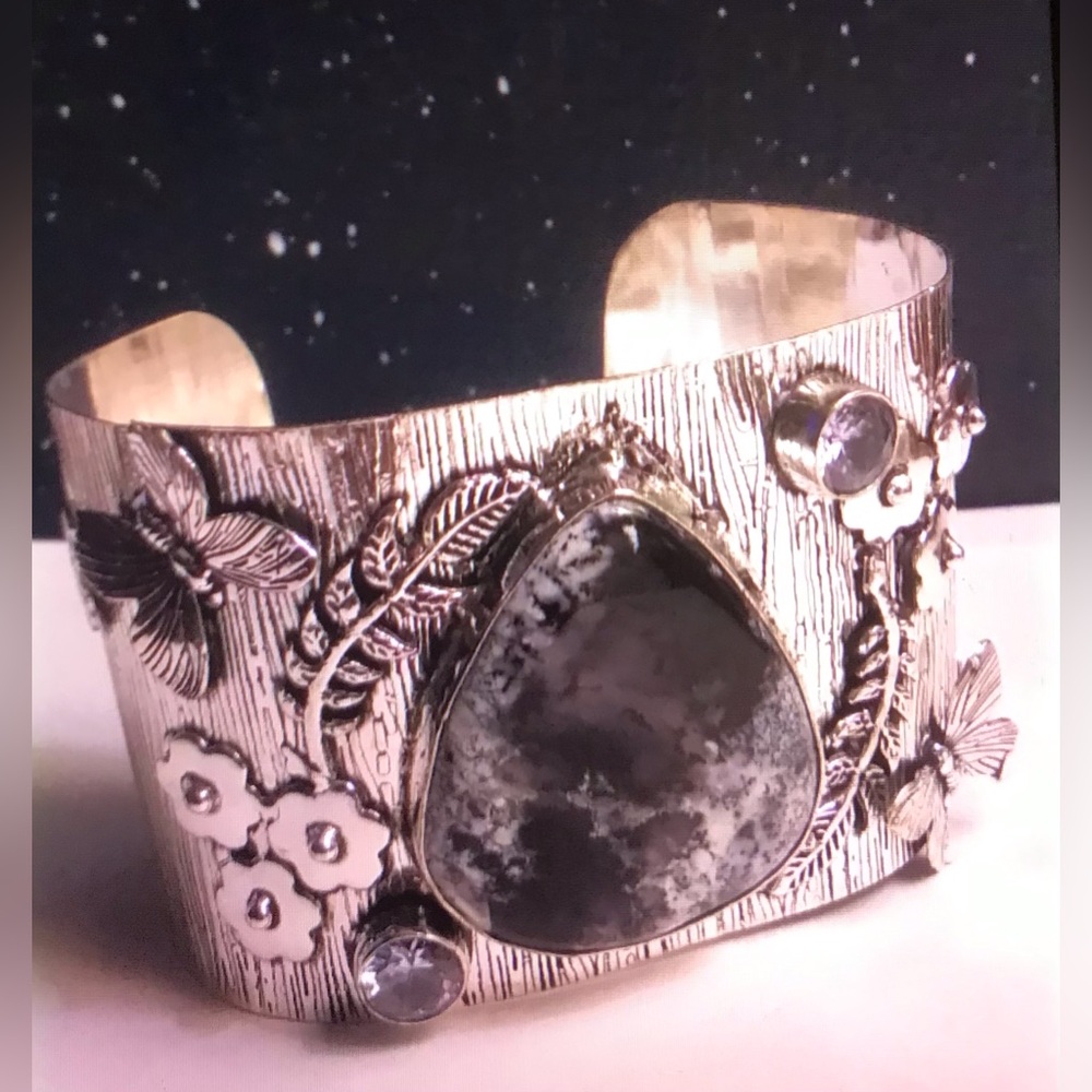 Dendritic Opal Amethyst 925 Sterling Silver Cuff Bracelet